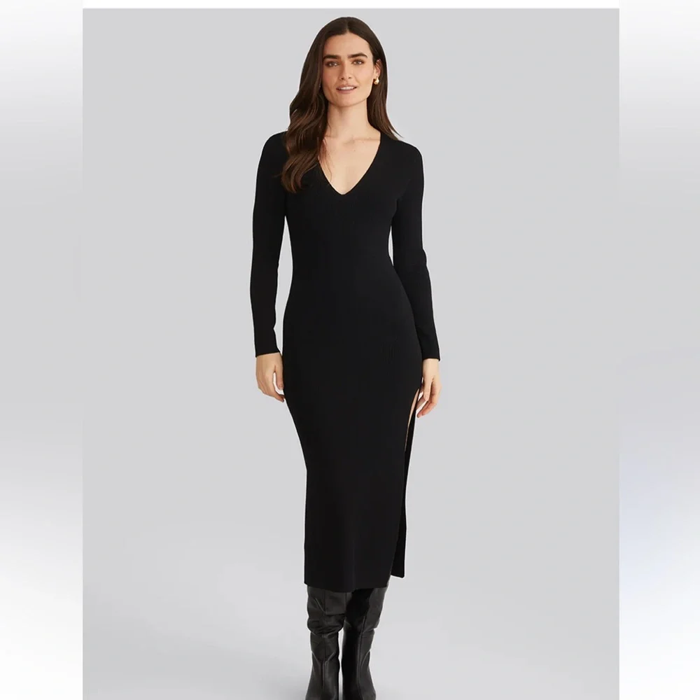 Good American NWT Black Long Sleeve Jersey Lined Long Midi Size 5/2XL